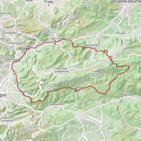 Miniatuurkaart van de fietsinspiratie "Gravelroute van Roquevaire naar Mont Cruvelier" in Provence-Alpes-Côte d’Azur, France. Gemaakt door de Tarmacs.app fietsrouteplanner