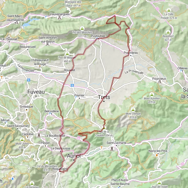 Miniature de la carte de l'inspiration cycliste "Tour des Collines de Roquevaire" dans la Provence-Alpes-Côte d’Azur, France. Générée par le planificateur d'itinéraire cycliste Tarmacs.app