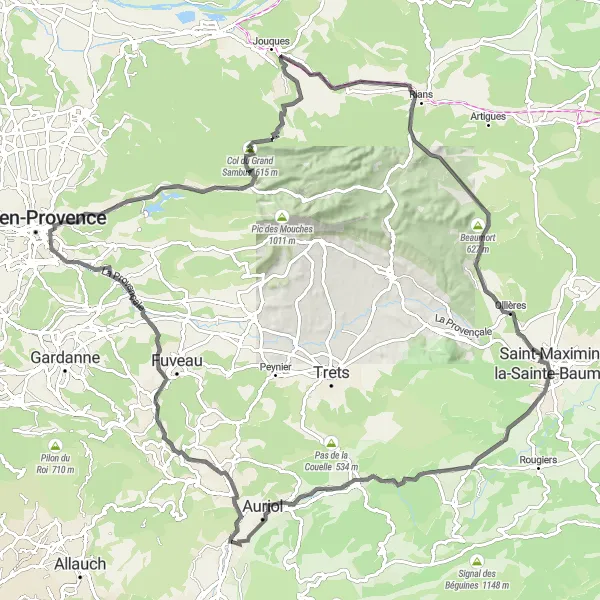 Miniatua del mapa de inspiración ciclista "Ruta de Carretera de 119 km desde Roquevaire" en Provence-Alpes-Côte d’Azur, France. Generado por Tarmacs.app planificador de rutas ciclistas