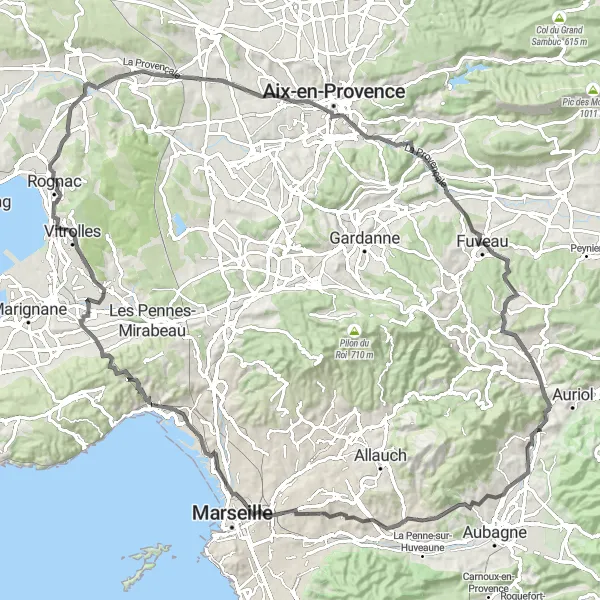 Kartminiatyr av "Opplev varierte landskap og kulturelle høydepunkter på en spennende rute" sykkelinspirasjon i Provence-Alpes-Côte d’Azur, France. Generert av Tarmacs.app sykkelrutoplanlegger