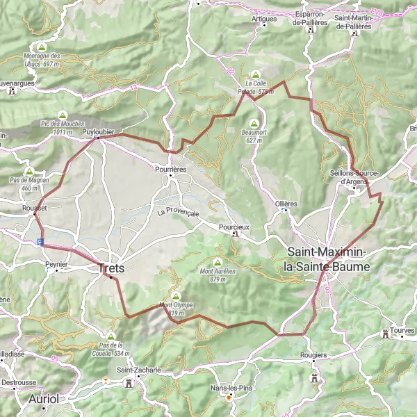 Miniaturní mapa "Gravelový okruh mezi vinicemi" inspirace pro cyklisty v oblasti Provence-Alpes-Côte d’Azur, France. Vytvořeno pomocí plánovače tras Tarmacs.app