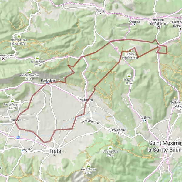 Mapa miniatúra "Gravel: Rousset - La Dispute - Pourrières" cyklistická inšpirácia v Provence-Alpes-Côte d’Azur, France. Vygenerované cyklistickým plánovačom trás Tarmacs.app