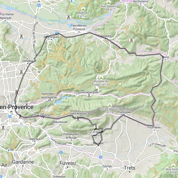 Miniaturní mapa "Okruhové cyklistické trasy kolem Roussetu" inspirace pro cyklisty v oblasti Provence-Alpes-Côte d’Azur, France. Vytvořeno pomocí plánovače tras Tarmacs.app