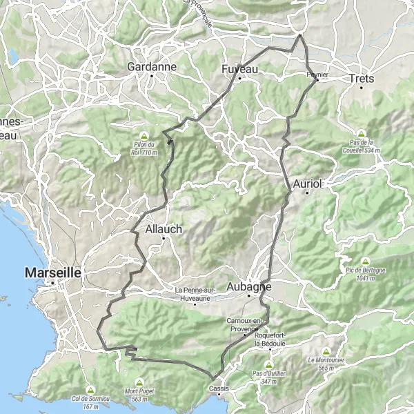 Kartminiatyr av "Veiutfordringer i Provence" sykkelinspirasjon i Provence-Alpes-Côte d’Azur, France. Generert av Tarmacs.app sykkelrutoplanlegger