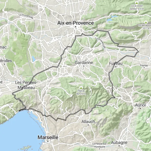 Miniaturekort af cykelinspirationen "Detaljeret rundtur til Châteauneuf-le-Rouge og Cabriès" i Provence-Alpes-Côte d’Azur, France. Genereret af Tarmacs.app cykelruteplanlægger
