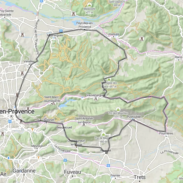 Karttaminiaatyyri "Châteauneuf-le-Rouge ja Montagne des Ubacs -reitti" pyöräilyinspiraatiosta alueella Provence-Alpes-Côte d’Azur, France. Luotu Tarmacs.app pyöräilyreittisuunnittelijalla
