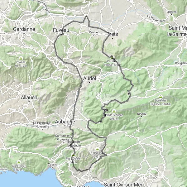 Map miniature of "Rousset to Trets" cycling inspiration in Provence-Alpes-Côte d’Azur, France. Generated by Tarmacs.app cycling route planner