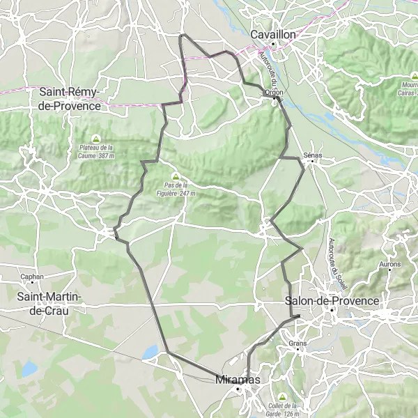 Map miniature of "Scenic Road Ride from Saint-Andiol" cycling inspiration in Provence-Alpes-Côte d’Azur, France. Generated by Tarmacs.app cycling route planner