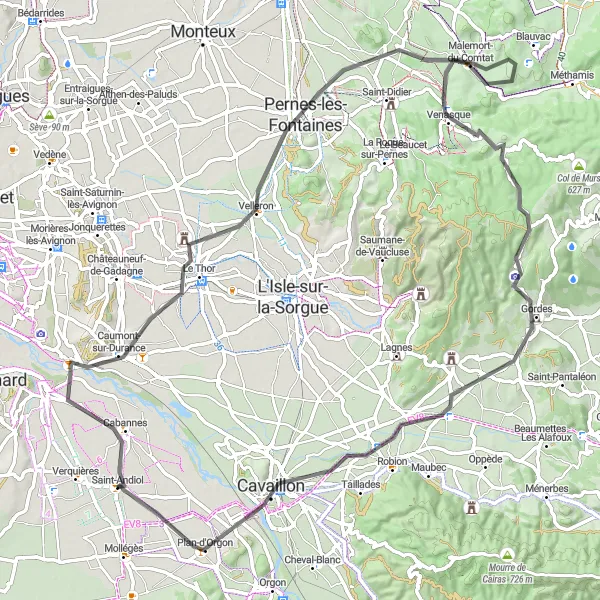 Miniature de la carte de l'inspiration cycliste "Aventure en Provence: Le Thor à Plan-d'Orgon" dans la Provence-Alpes-Côte d’Azur, France. Générée par le planificateur d'itinéraire cycliste Tarmacs.app