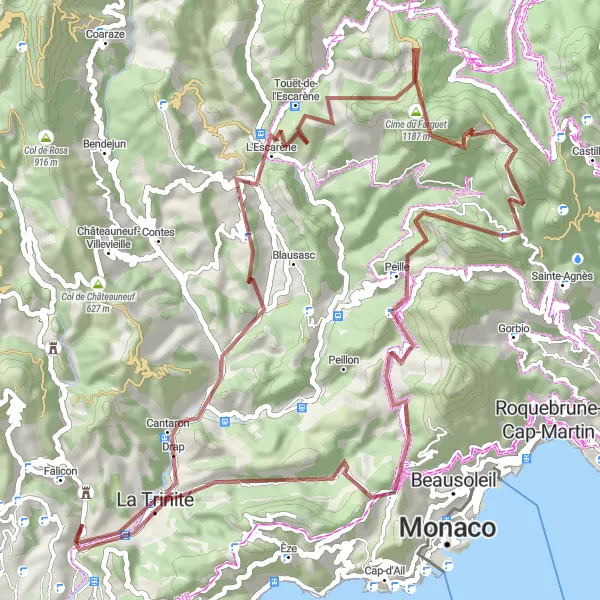 Miniaturní mapa "Gravlová cyklotrasa Mont Gros" inspirace pro cyklisty v oblasti Provence-Alpes-Côte d’Azur, France. Vytvořeno pomocí plánovače tras Tarmacs.app