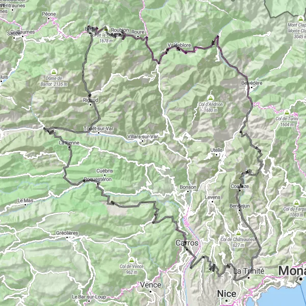 Mapa miniatúra "Náročná cyklotrasa cez Puget-Théniers a Monaco" cyklistická inšpirácia v Provence-Alpes-Côte d’Azur, France. Vygenerované cyklistickým plánovačom trás Tarmacs.app