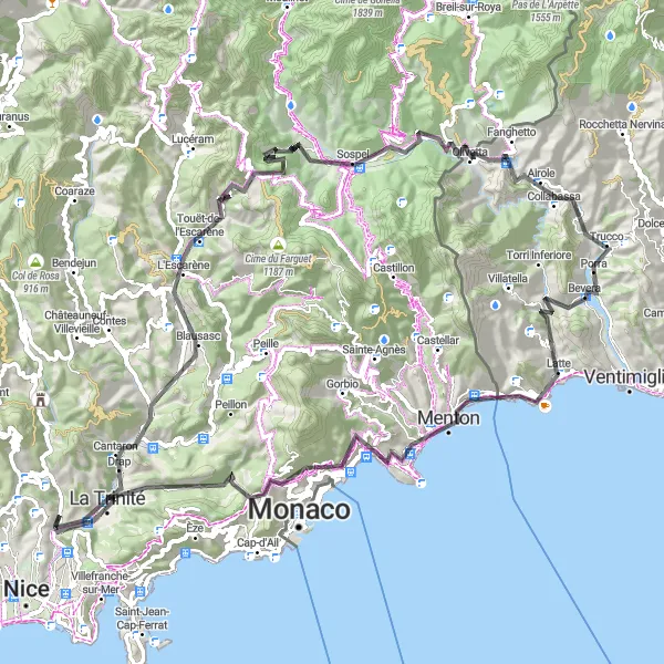 Zemljevid v pomanjšavi "Cestno kolesarjenje skozi slikovite pokrajine" kolesarske inspiracije v Provence-Alpes-Côte d’Azur, France. Generirano z načrtovalcem kolesarskih poti Tarmacs.app