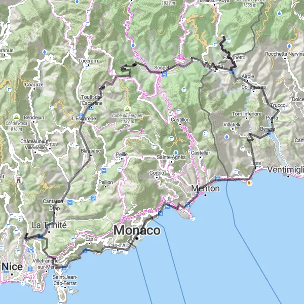 Map miniature of "The Grande Traversée Nice - Mercantour" cycling inspiration in Provence-Alpes-Côte d’Azur, France. Generated by Tarmacs.app cycling route planner