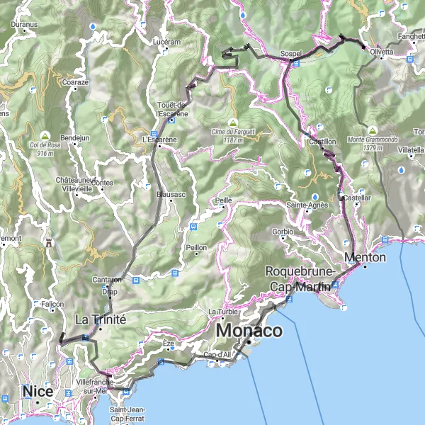 Zemljevid v pomanjšavi "Cantaron - Monte-Carlo Kolesarska Pot" kolesarske inspiracije v Provence-Alpes-Côte d’Azur, France. Generirano z načrtovalcem kolesarskih poti Tarmacs.app