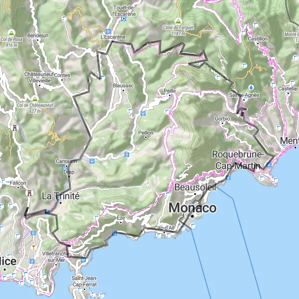 Kartminiatyr av "Genom Sainte-Agnès och Monte-Carlo" cykelinspiration i Provence-Alpes-Côte d’Azur, France. Genererad av Tarmacs.app cykelruttplanerare