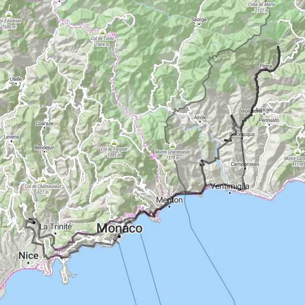 Karttaminiaatyyri "Vuoret ja meri" pyöräilyinspiraatiosta alueella Provence-Alpes-Côte d’Azur, France. Luotu Tarmacs.app pyöräilyreittisuunnittelijalla