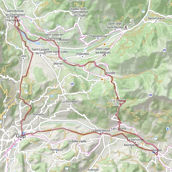 Miniature de la carte de l'inspiration cycliste "Boucle de VTT gravel autour de Saint-Bonnet-en-Champsaur" dans la Provence-Alpes-Côte d’Azur, France. Générée par le planificateur d'itinéraire cycliste Tarmacs.app