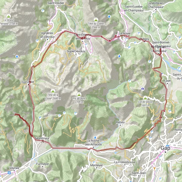 Kartminiatyr av "Challenging Gravel Ride to Saint-Bonnet-en-Champsaur" sykkelinspirasjon i Provence-Alpes-Côte d’Azur, France. Generert av Tarmacs.app sykkelrutoplanlegger