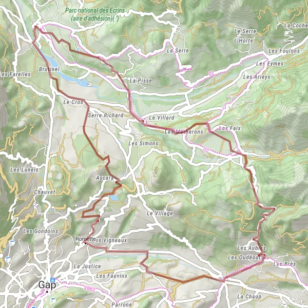 Zemljevid v pomanjšavi "Gravel kolesarska pot okoli Saint-Bonnet-en-Champsaur" kolesarske inspiracije v Provence-Alpes-Côte d’Azur, France. Generirano z načrtovalcem kolesarskih poti Tarmacs.app