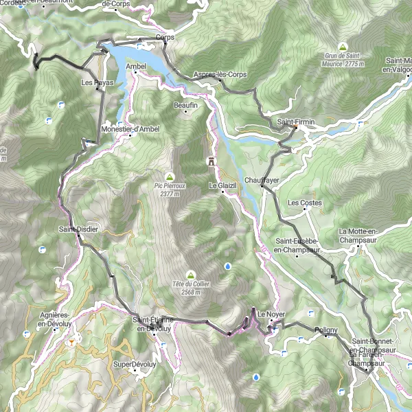 Map miniature of "Saint-Bonnet-en-Champsaur Road Ride" cycling inspiration in Provence-Alpes-Côte d’Azur, France. Generated by Tarmacs.app cycling route planner