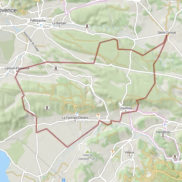 Miniature de la carte de l'inspiration cycliste "Parcours gravel de Coudoux à Saint-Cannat" dans la Provence-Alpes-Côte d’Azur, France. Générée par le planificateur d'itinéraire cycliste Tarmacs.app