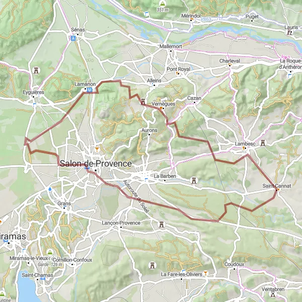 Kartminiatyr av "Cykeltur på grusvägar från Saint-Cannat till Lamanon och Lambesc" cykelinspiration i Provence-Alpes-Côte d’Azur, France. Genererad av Tarmacs.app cykelruttplanerare