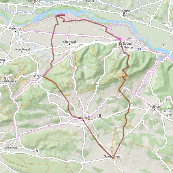 Map miniature of "Scenic Gravel Adventure to La Roque-d'Anthéron" cycling inspiration in Provence-Alpes-Côte d’Azur, France. Generated by Tarmacs.app cycling route planner