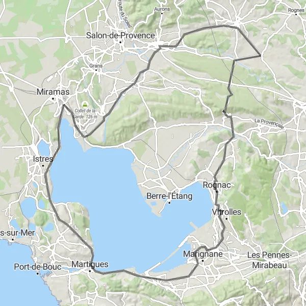 Miniature de la carte de l'inspiration cycliste "Aventure cycliste de Coudoux à Lambesc" dans la Provence-Alpes-Côte d’Azur, France. Générée par le planificateur d'itinéraire cycliste Tarmacs.app