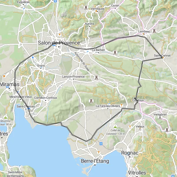 Miniatua del mapa de inspiración ciclista "Ruta en Carretera de Coudoux a Lambesc" en Provence-Alpes-Côte d’Azur, France. Generado por Tarmacs.app planificador de rutas ciclistas