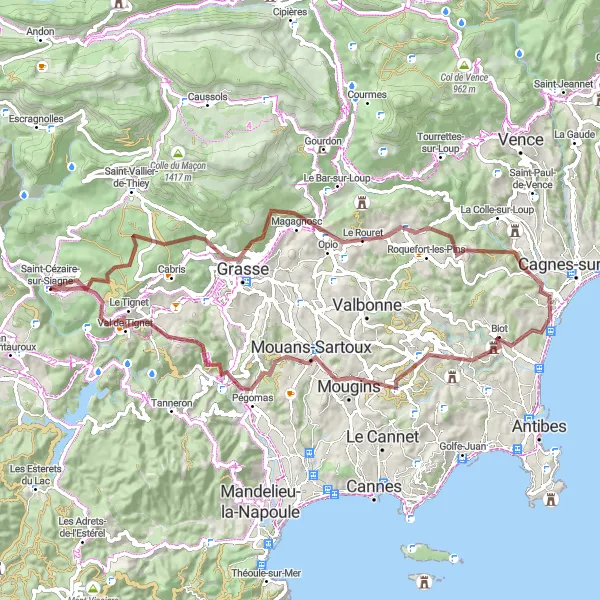 Miniature de la carte de l'inspiration cycliste "Escapade dans l'arrière-pays grassois" dans la Provence-Alpes-Côte d’Azur, France. Générée par le planificateur d'itinéraire cycliste Tarmacs.app