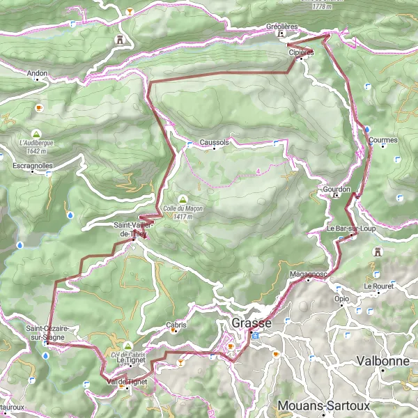 Miniature de la carte de l'inspiration cycliste "Tour des Gorges de la Siagne" dans la Provence-Alpes-Côte d’Azur, France. Générée par le planificateur d'itinéraire cycliste Tarmacs.app
