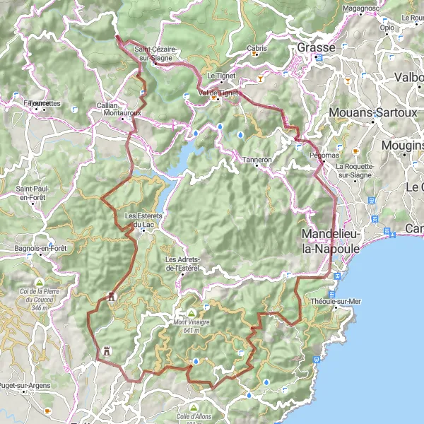 Miniature de la carte de l'inspiration cycliste "Parcours des Gorges de Siagne" dans la Provence-Alpes-Côte d’Azur, France. Générée par le planificateur d'itinéraire cycliste Tarmacs.app