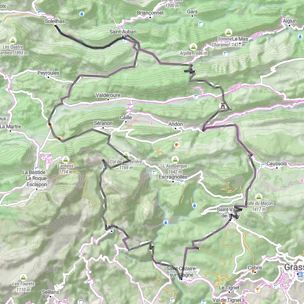 Miniature de la carte de l'inspiration cycliste "Le Tour des Montagnes" dans la Provence-Alpes-Côte d’Azur, France. Générée par le planificateur d'itinéraire cycliste Tarmacs.app