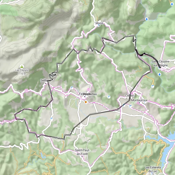 Miniature de la carte de l'inspiration cycliste "Tour des Châteaux de l'Estérel" dans la Provence-Alpes-Côte d’Azur, France. Générée par le planificateur d'itinéraire cycliste Tarmacs.app