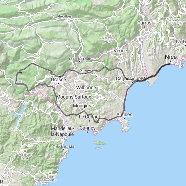 Miniature de la carte de l'inspiration cycliste "La Côte d'Azur en Grimpant" dans la Provence-Alpes-Côte d’Azur, France. Générée par le planificateur d'itinéraire cycliste Tarmacs.app