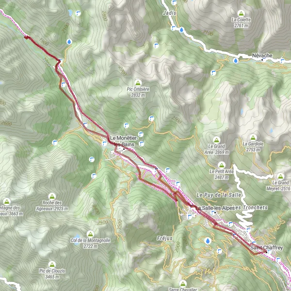 Zemljevid v pomanjšavi "Uživanje na makadamskih poteh okolice Le Monêtier-les-Bains" kolesarske inspiracije v Provence-Alpes-Côte d’Azur, France. Generirano z načrtovalcem kolesarskih poti Tarmacs.app