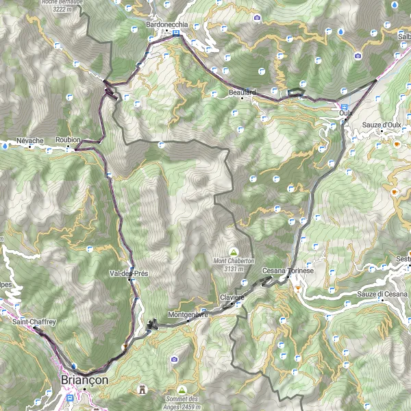 Miniatua del mapa de inspiración ciclista "Aventura alpina desde Saint-Chaffrey hasta el Fort des Salettes" en Provence-Alpes-Côte d’Azur, France. Generado por Tarmacs.app planificador de rutas ciclistas