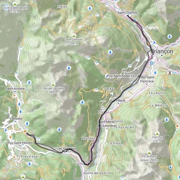 Map miniature of "Saint-Martin-de-Queyrières to Saint-Chaffrey Road Cycling Route" cycling inspiration in Provence-Alpes-Côte d’Azur, France. Generated by Tarmacs.app cycling route planner