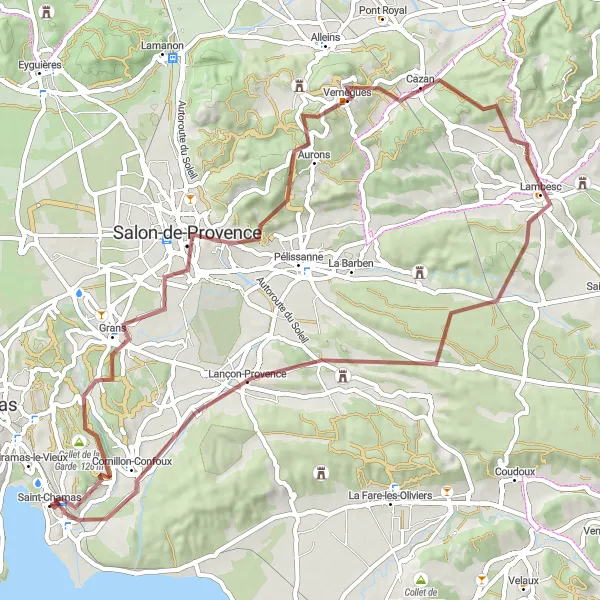 Miniatuurkaart van de fietsinspiratie "69 km Gravel Cycling Route near Saint-Chamas" in Provence-Alpes-Côte d’Azur, France. Gemaakt door de Tarmacs.app fietsrouteplanner