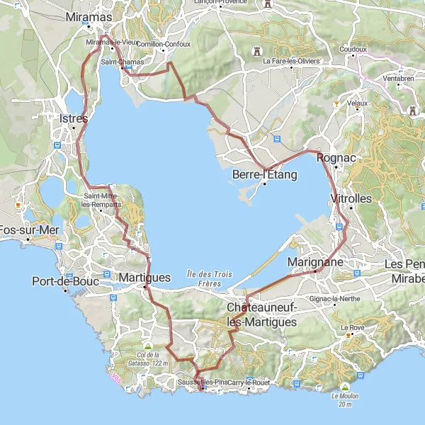 Miniatuurkaart van de fietsinspiratie "Gravelavontuur van Berre-l'Étang naar Mountine Jean" in Provence-Alpes-Côte d’Azur, France. Gemaakt door de Tarmacs.app fietsrouteplanner