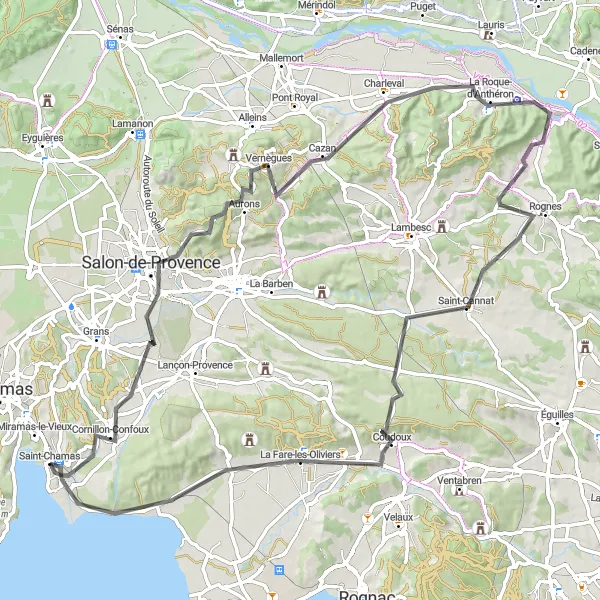 Zemljevid v pomanjšavi "Kolesarska pot proti Saint-Chamas" kolesarske inspiracije v Provence-Alpes-Côte d’Azur, France. Generirano z načrtovalcem kolesarskih poti Tarmacs.app