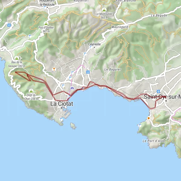 Map miniature of "Coastal Gravel Adventure" cycling inspiration in Provence-Alpes-Côte d’Azur, France. Generated by Tarmacs.app cycling route planner