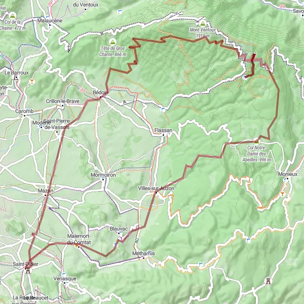 Zemljevid v pomanjšavi "Gorska avantura ob vznožju Mont Ventouxa" kolesarske inspiracije v Provence-Alpes-Côte d’Azur, France. Generirano z načrtovalcem kolesarskih poti Tarmacs.app