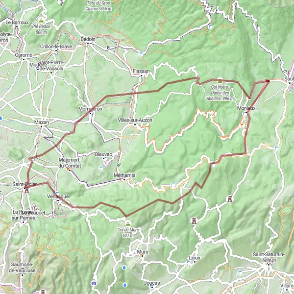 Miniaturní mapa "Gravelová cyklistická trasa skrz okolí Saint-Didier" inspirace pro cyklisty v oblasti Provence-Alpes-Côte d’Azur, France. Vytvořeno pomocí plánovače tras Tarmacs.app