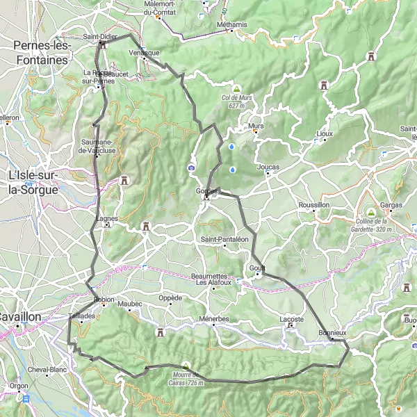 Zemljevid v pomanjšavi "Cestna kolesarska pot v bližini Saint-Didier" kolesarske inspiracije v Provence-Alpes-Côte d’Azur, France. Generirano z načrtovalcem kolesarskih poti Tarmacs.app