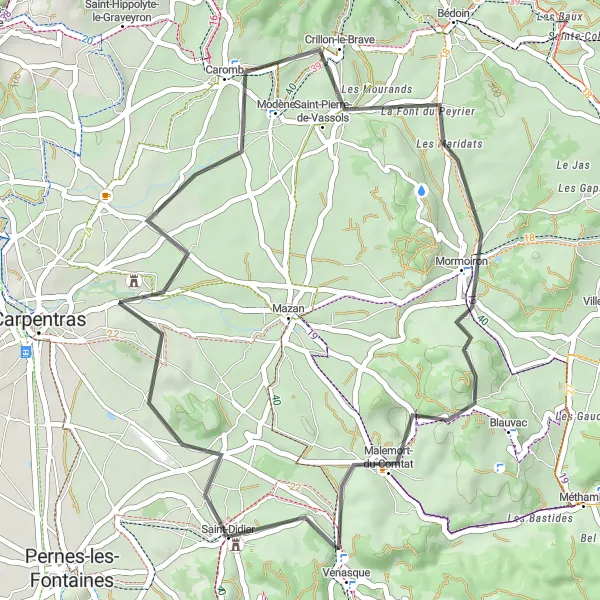 Mapa miniatúra "Cyklotrasa cez Caromb a Venasque" cyklistická inšpirácia v Provence-Alpes-Côte d’Azur, France. Vygenerované cyklistickým plánovačom trás Tarmacs.app