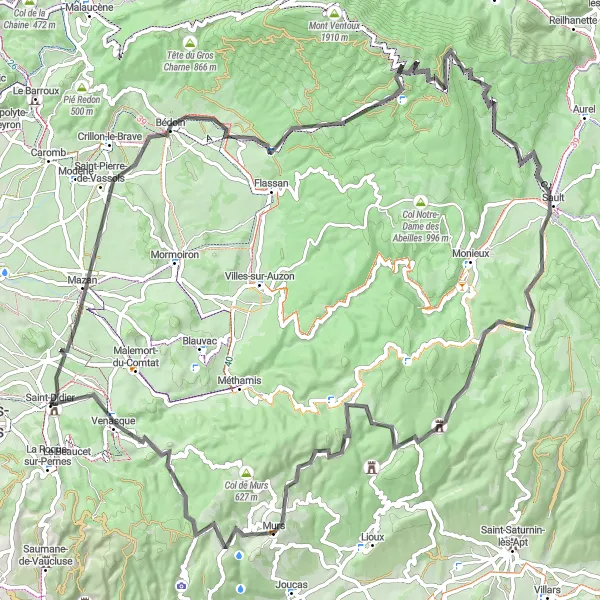 Mapa miniatúra "Výzva okolo Sault a Venasque" cyklistická inšpirácia v Provence-Alpes-Côte d’Azur, France. Vygenerované cyklistickým plánovačom trás Tarmacs.app