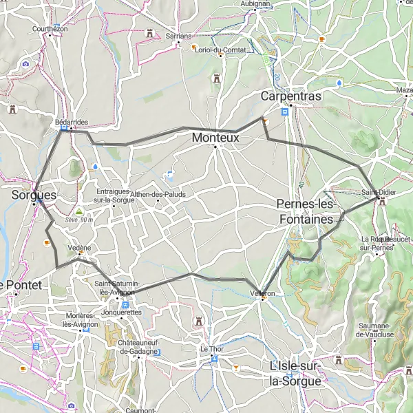 Mapa miniatúra "Cyklotrasa cez Velleron a Monteux" cyklistická inšpirácia v Provence-Alpes-Côte d’Azur, France. Vygenerované cyklistickým plánovačom trás Tarmacs.app
