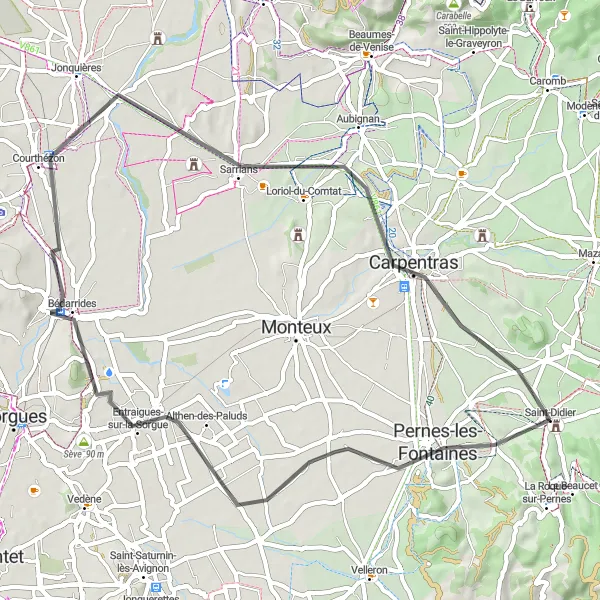 Miniatua del mapa de inspiración ciclista "Ruta a Saint-Didier por Bédarrides" en Provence-Alpes-Côte d’Azur, France. Generado por Tarmacs.app planificador de rutas ciclistas