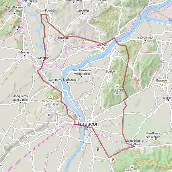 Mapa miniatúra "Cyklotrasa cez Tarascon a Montagnette" cyklistická inšpirácia v Provence-Alpes-Côte d’Azur, France. Vygenerované cyklistickým plánovačom trás Tarmacs.app